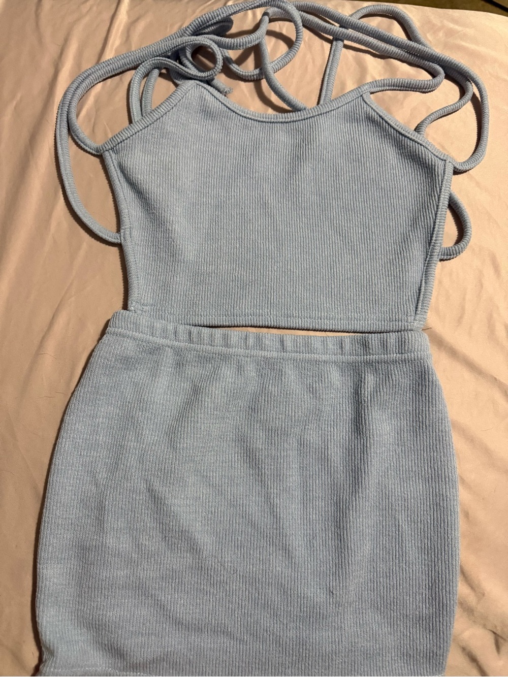 Light Blue Ribbed Knit Two-Piece Dress Set